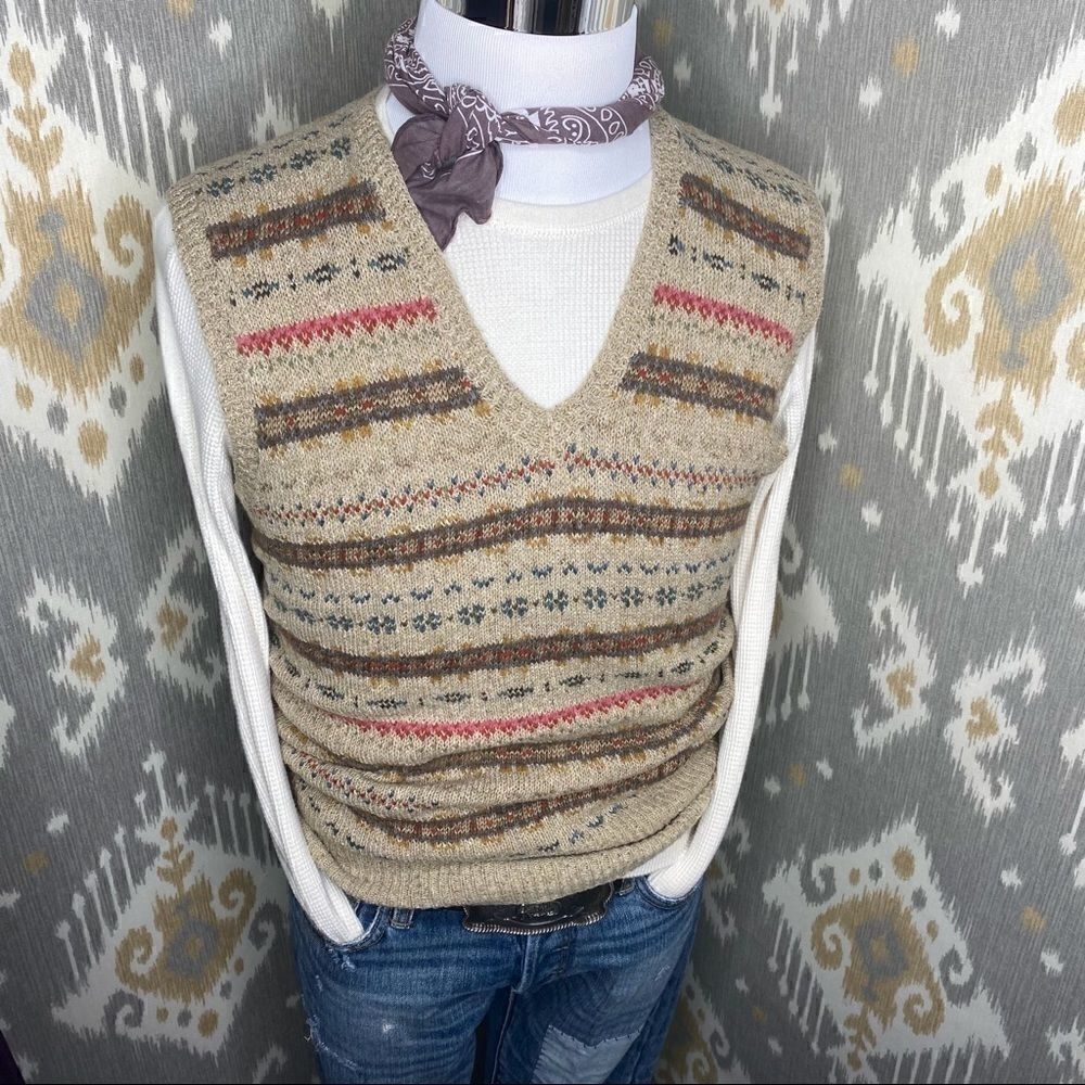 Double RRL Tan Multi Fair-isle V Neck Sweater Vest - Picture 16 of 16